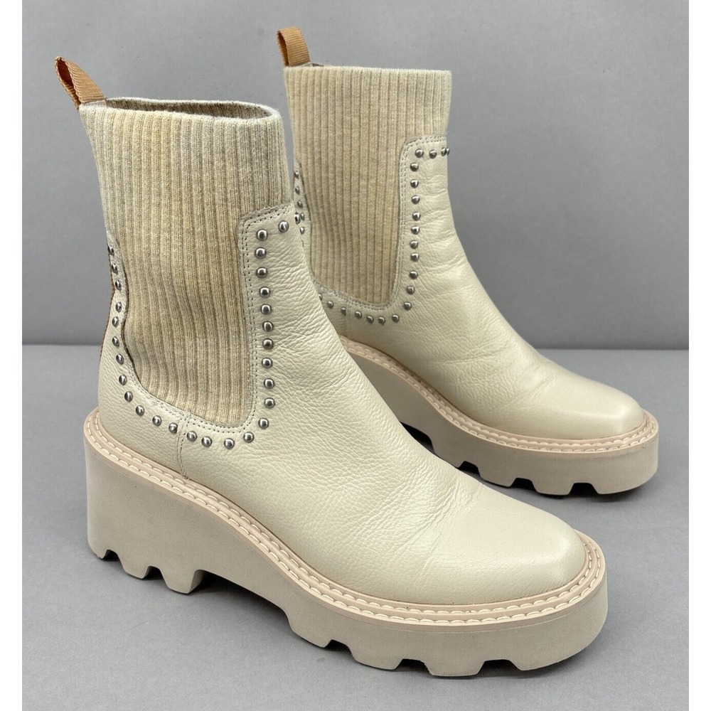 Dolce Vita Wedge Boots‎ Size 9 Ivory Leather Hoven Studded H20 Chelsea Chunky